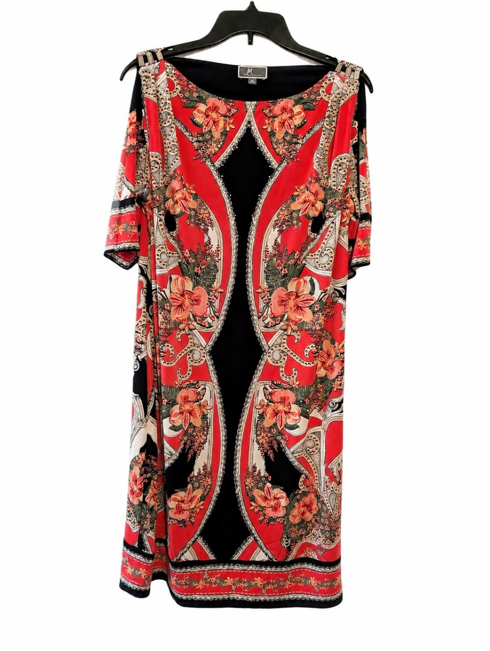 JM Collection Pink Floral Paisley Shift Dress with Black Trim Pullover style - Picture 2 of 6
